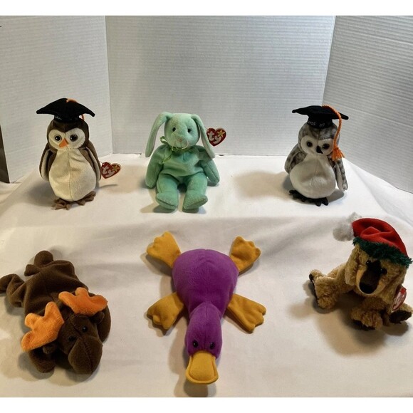 Lot Of Ty Beanie Babies Jinglepup, Patti, Hippity, Wise, Chocolate, Wiser - Picture 1 of 16